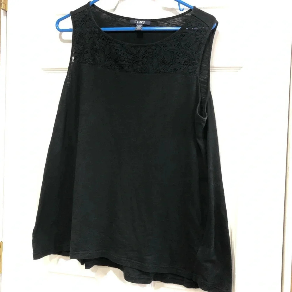 Chaps Women’s XL Tank Top Black Crochet Lace Detail EUC Sleeveless Blouse